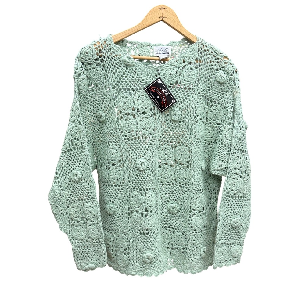NWT Vintage Y2K Floral Crochet Top XL Mint Green Open Knit Boho Fairy Summer